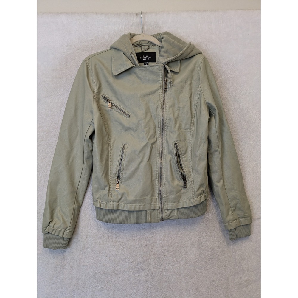L.A. Coalition Moto Jacket Women's S Sage Green Hooded Faux Leather‎